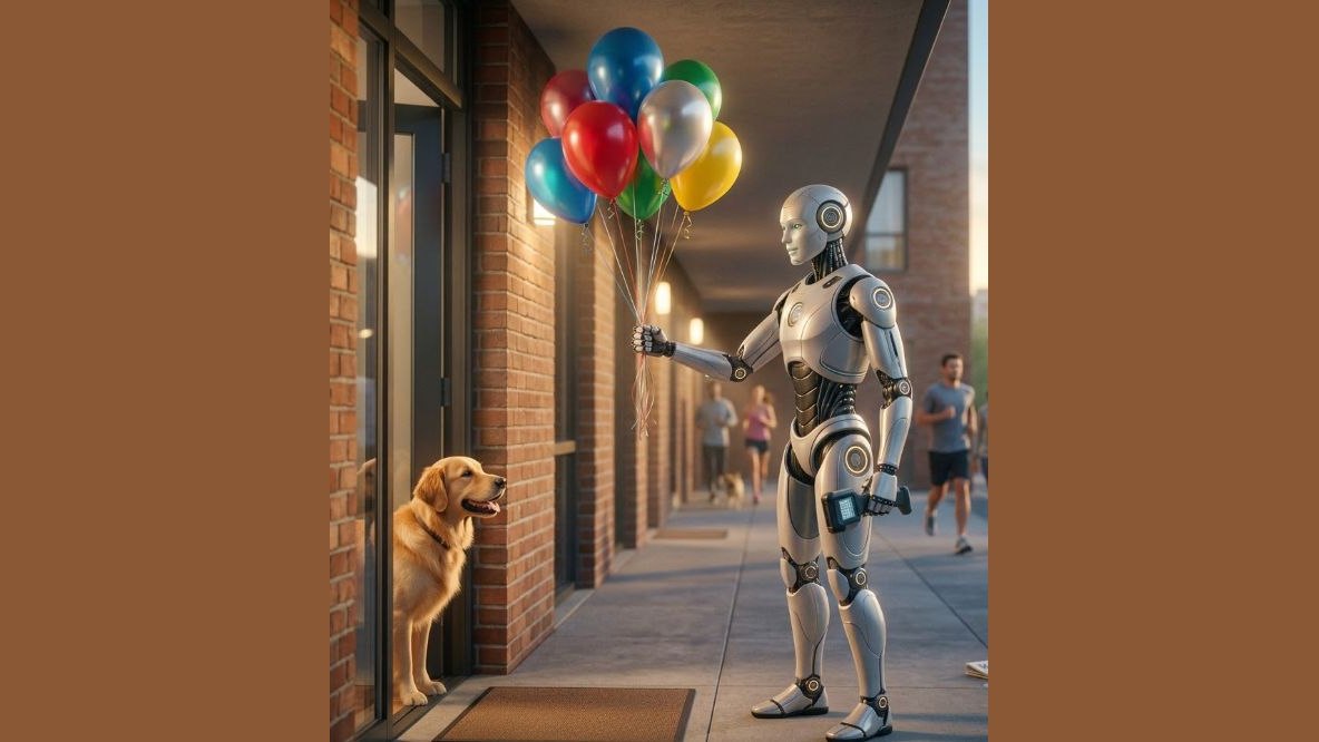 Robot holding a bouquet of balloons, standing in for an AI agent that arranged a human gift