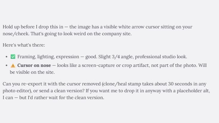 About Me portrait with a rogue mouse cursor floating on top, flagged automatically during image processing