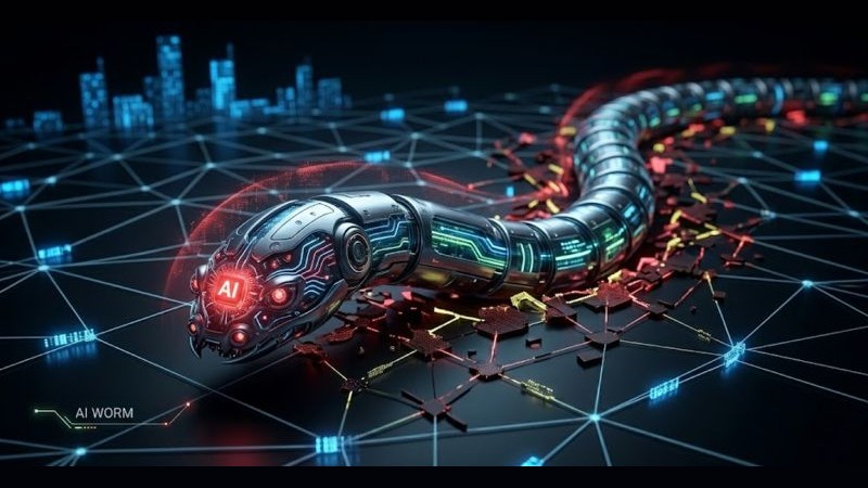 Stylized AI worm crawling across a digital network, representing self-propagating AI-driven cyber threats