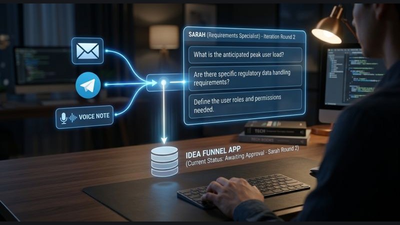 Idea funnel showing a concept moving from entry to a requirements round, with an application database and deployment status