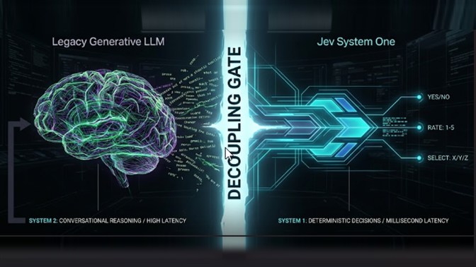 Split diagram contrasting a Legacy Generative LLM on the left with the Jev System One on the right, separated by a decoupling gate, with Yes/No, Rate 1-5 and Select X/Y outputs