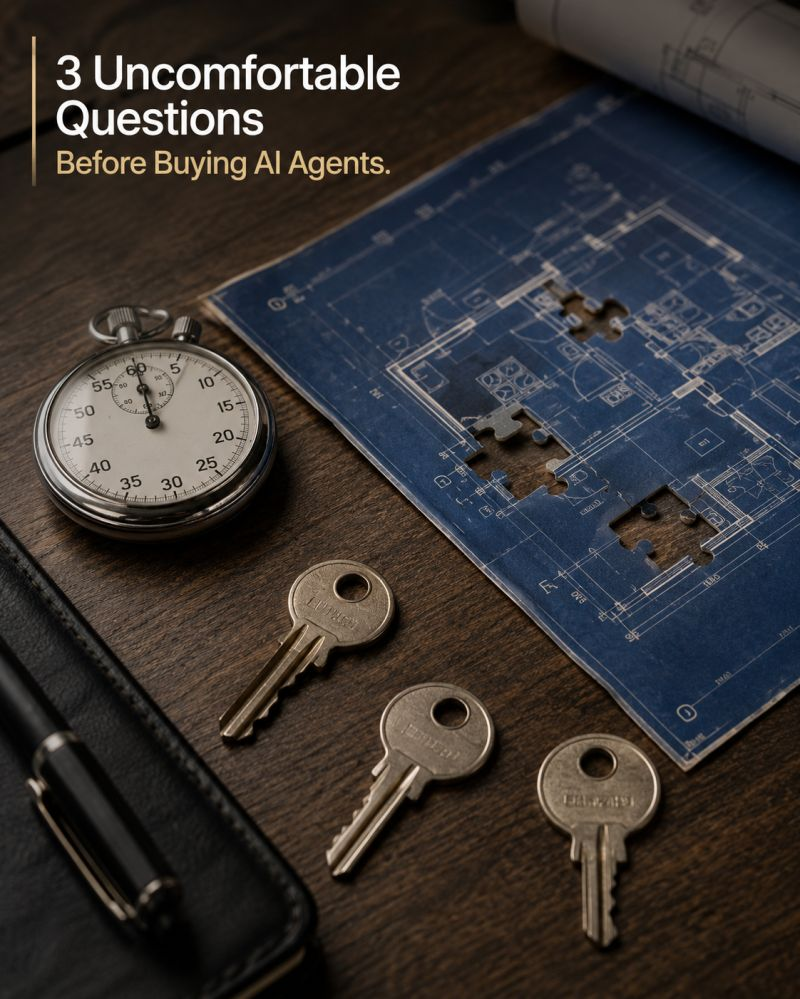 3 Uncomfortable Questions Before Buying AI Agents - desk with stopwatch, keys, and architectural blueprint with puzzle-piece cutouts