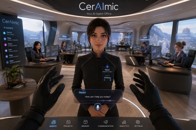 CerAImic VR AI Office concept visualization showing the agent team at workstations: Neon (Executive Assistant), Genev (Data Analyst), Riley (Research Specialist), Lyra (Creative Director), Orion (Strategy Planner), Atlas (System Architect)