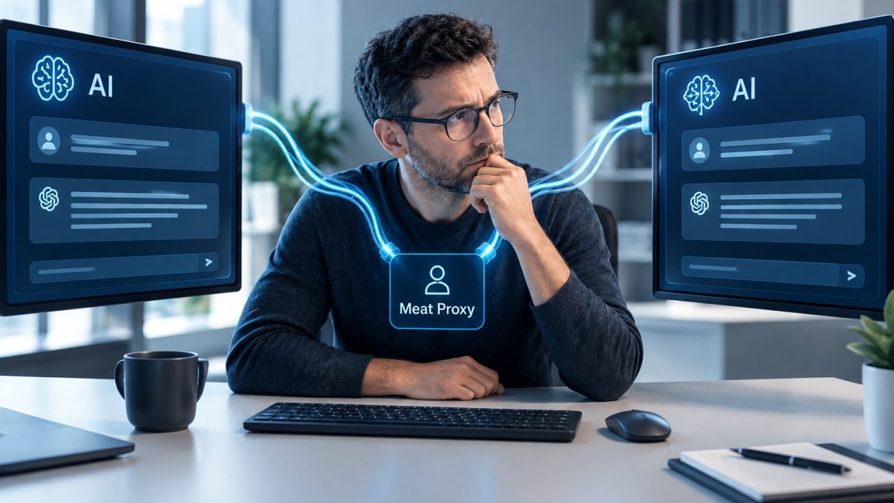 Portrait of a tired operator between two AI screens, captioned Meat Proxy, illustrating the gap between working in an AI stack and working on its architecture